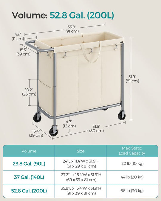 Rolling Laundry Basket | Wheeled Hamper with Steel Frame