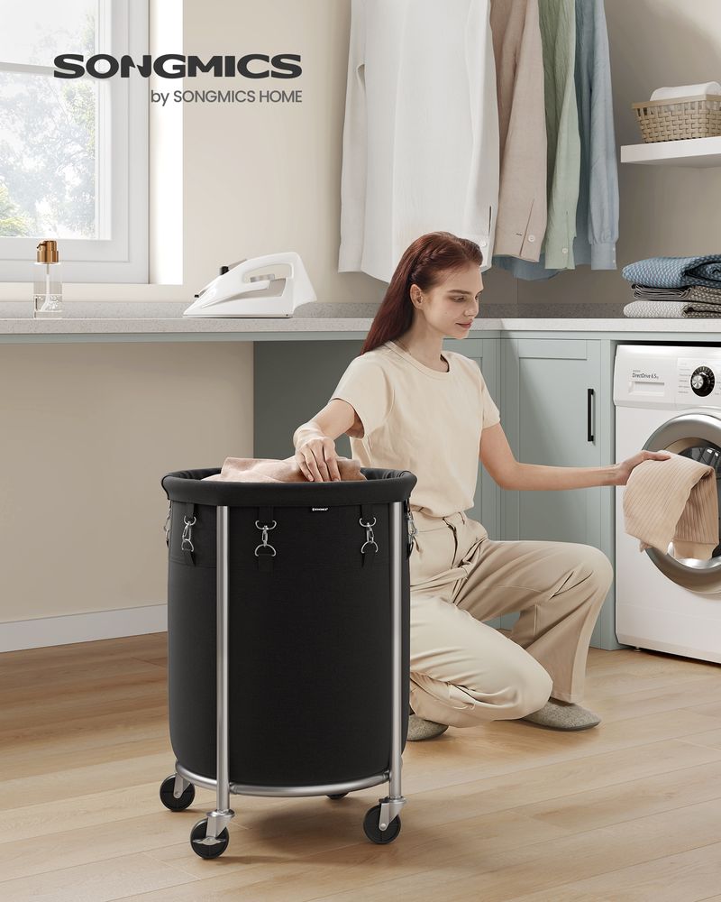 Round Rolling Laundry Hamper | Steel Frame Cart With Wheels