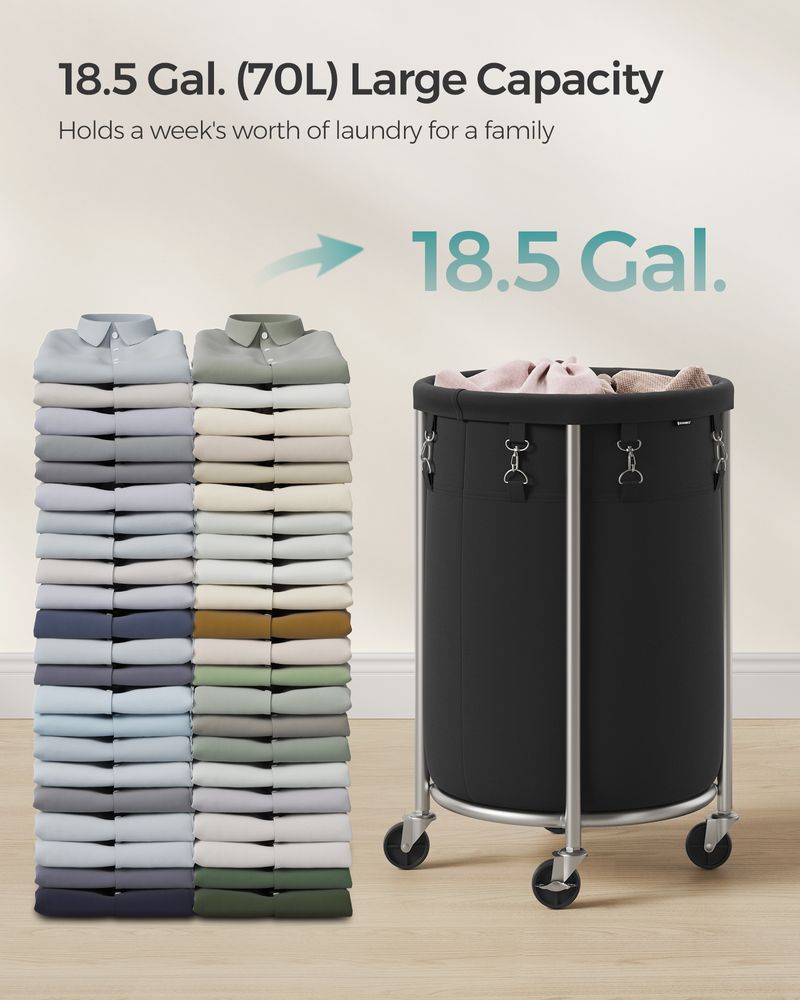 Round Rolling Laundry Hamper | Steel Frame Cart With Wheels