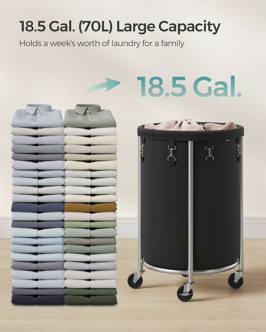 Round Rolling Laundry Hamper | Steel Frame Cart With Wheels