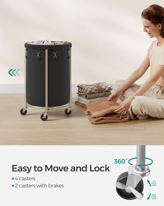 Round Rolling Laundry Hamper | Steel Frame Cart With Wheels