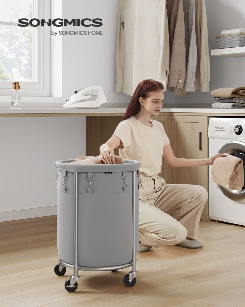 Round Rolling Laundry Hamper | Steel Frame Cart With Wheels