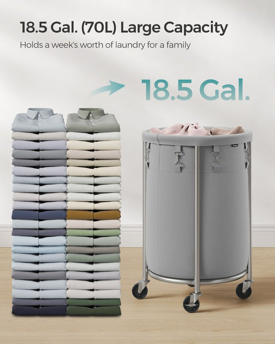 Round Rolling Laundry Hamper | Steel Frame Cart With Wheels