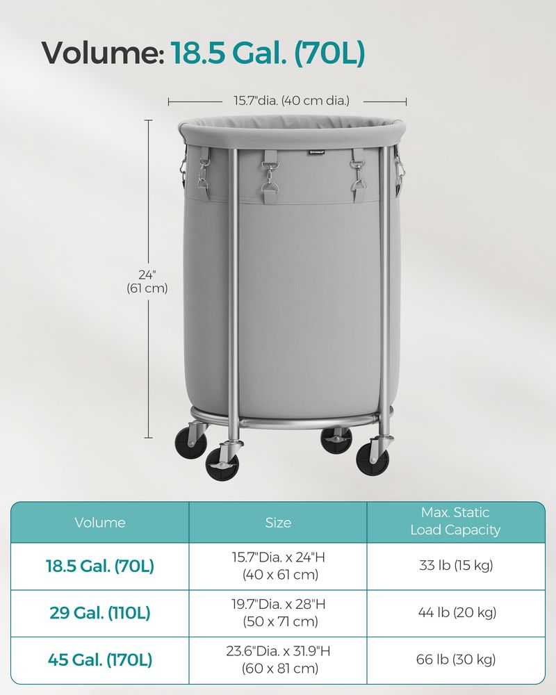 Round Rolling Laundry Hamper | Steel Frame Cart With Wheels