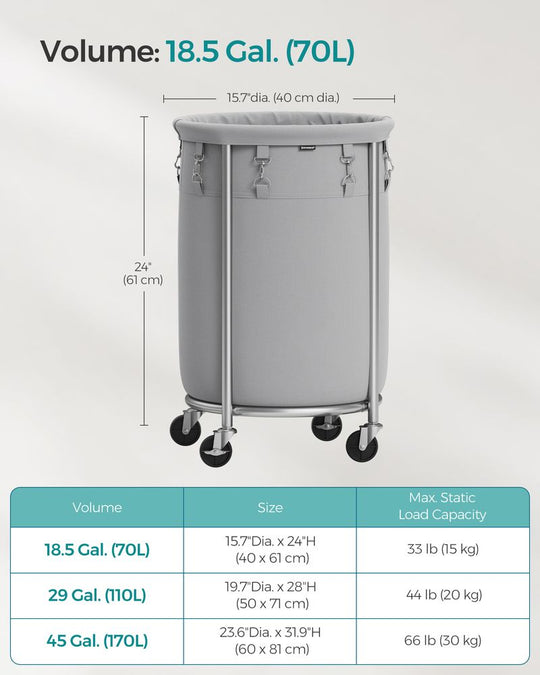 Round Rolling Laundry Hamper | Steel Frame Cart With Wheels