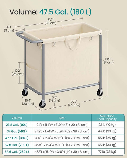 Rolling Laundry Basket | Wheeled Hamper with Steel Frame