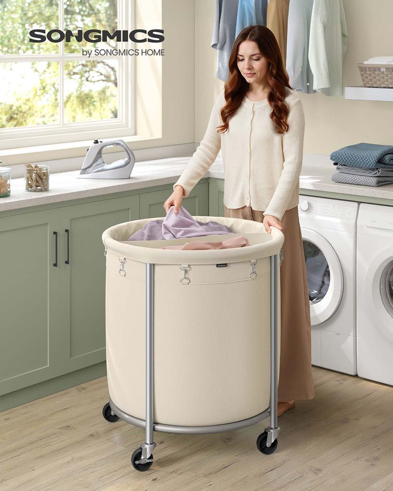 Round Rolling Laundry Hamper | Steel Frame Cart With Wheels