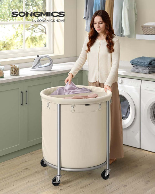 Round Rolling Laundry Hamper | Steel Frame Cart With Wheels