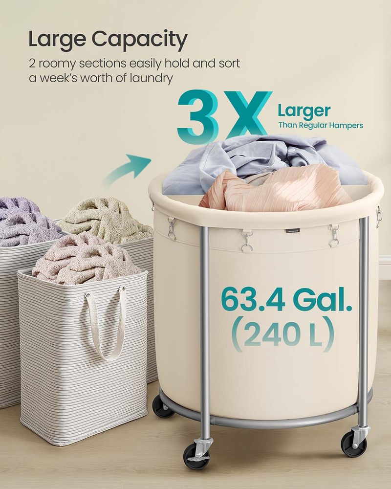 Round Rolling Laundry Hamper | Steel Frame Cart With Wheels