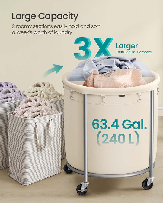 Round Rolling Laundry Hamper | Steel Frame Cart With Wheels