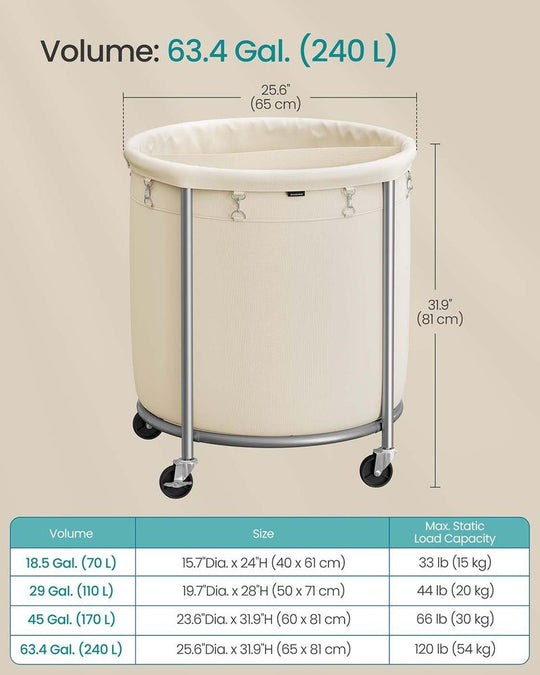 Round Rolling Laundry Hamper | Steel Frame Cart With Wheels