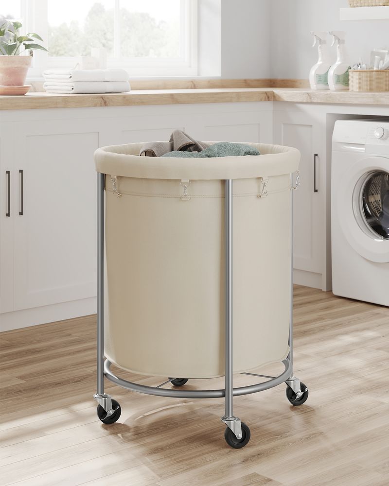 Round Rolling Laundry Hamper | Steel Frame Cart With Wheels