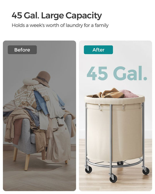 Round Rolling Laundry Hamper | Steel Frame Cart With Wheels