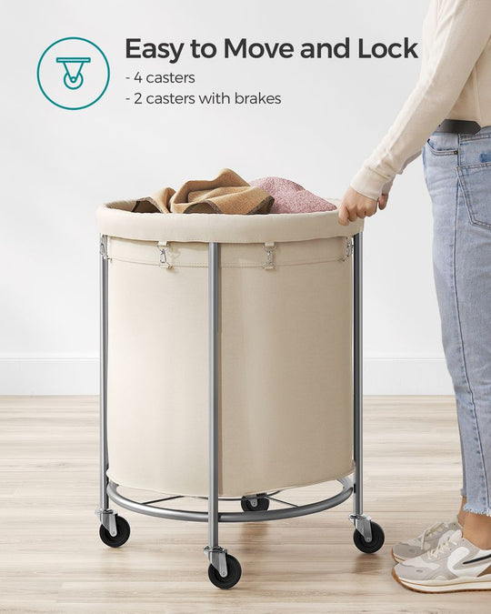 Round Rolling Laundry Hamper | Steel Frame Cart With Wheels