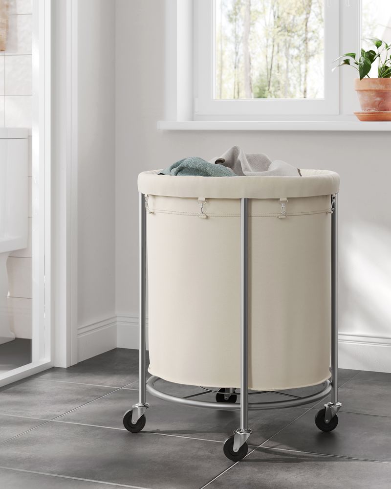 Round Rolling Laundry Hamper | Steel Frame Cart With Wheels