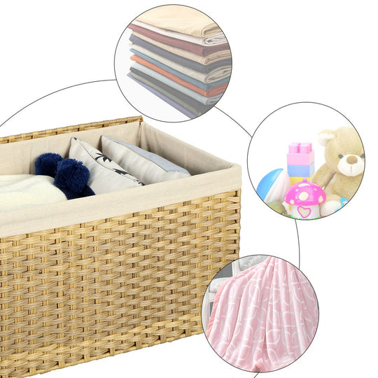 Large Storage Basket With Lid | Woven Hamper For Blankets