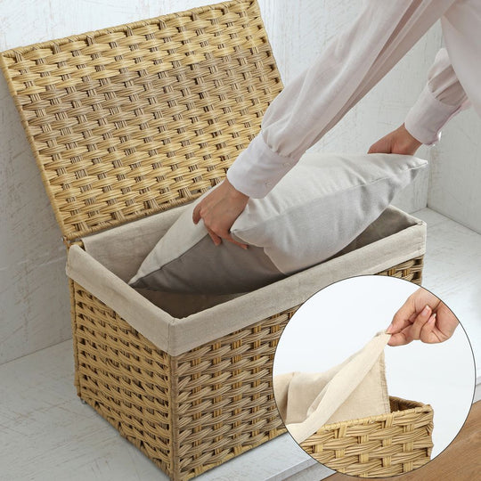 Large Storage Basket With Lid | Woven Hamper For Blankets