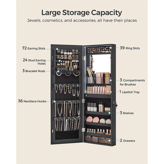 Jewelry Armoire Mirror | LED-Lit Wall or Door-Mounted Organizer