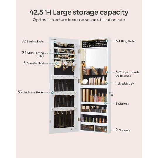 Jewelry Armoire Mirror | LED-Lit Wall or Door-Mounted Organizer