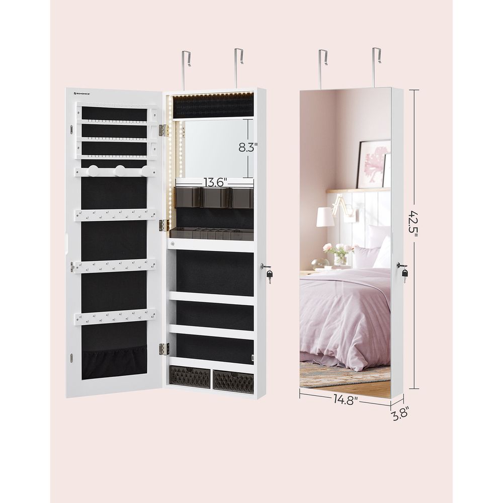 Jewelry Armoire Mirror | LED-Lit Wall or Door-Mounted Organizer