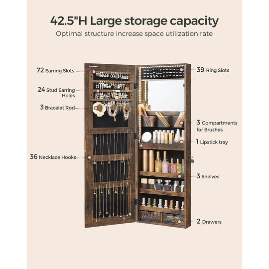 Jewelry Armoire Mirror | LED-Lit Wall or Door-Mounted Organizer