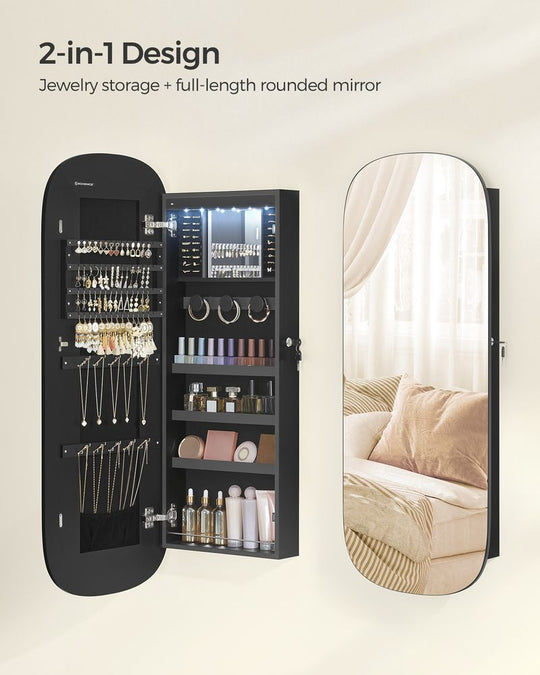 Round Mirror Jewelry Cabinet | Wall-Mounted LED Organizer