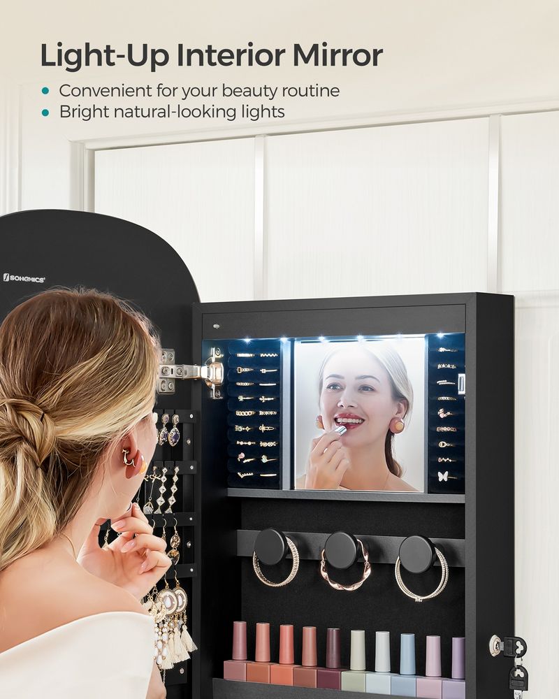 Round Mirror Jewelry Cabinet | Wall-Mounted LED Organizer