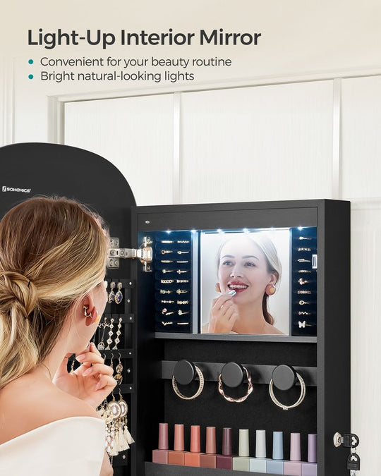Round Mirror Jewelry Cabinet | Wall-Mounted LED Organizer