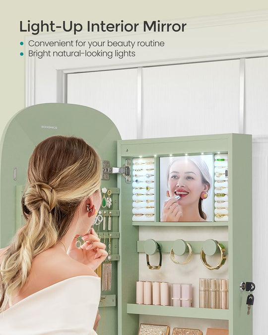 Round Mirror Jewelry Cabinet | Wall-Mounted LED Organizer
