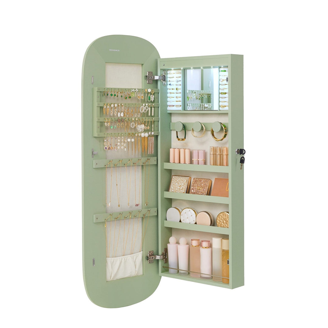 Round Mirror Jewelry Cabinet | Wall-Mounted LED Organizer