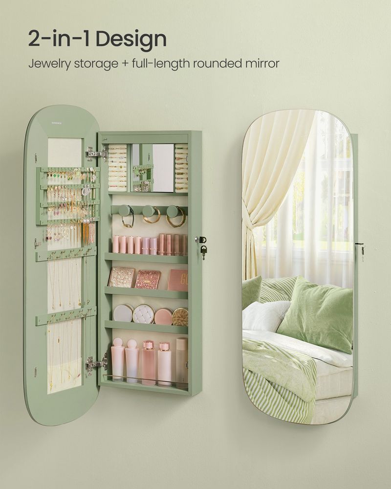 Round Mirror Jewelry Cabinet | Wall-Mounted LED Organizer