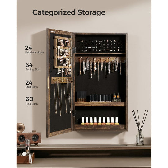 Wall Mounted Jewelry Cabinet | Lockable Mirror With Velvet Interior