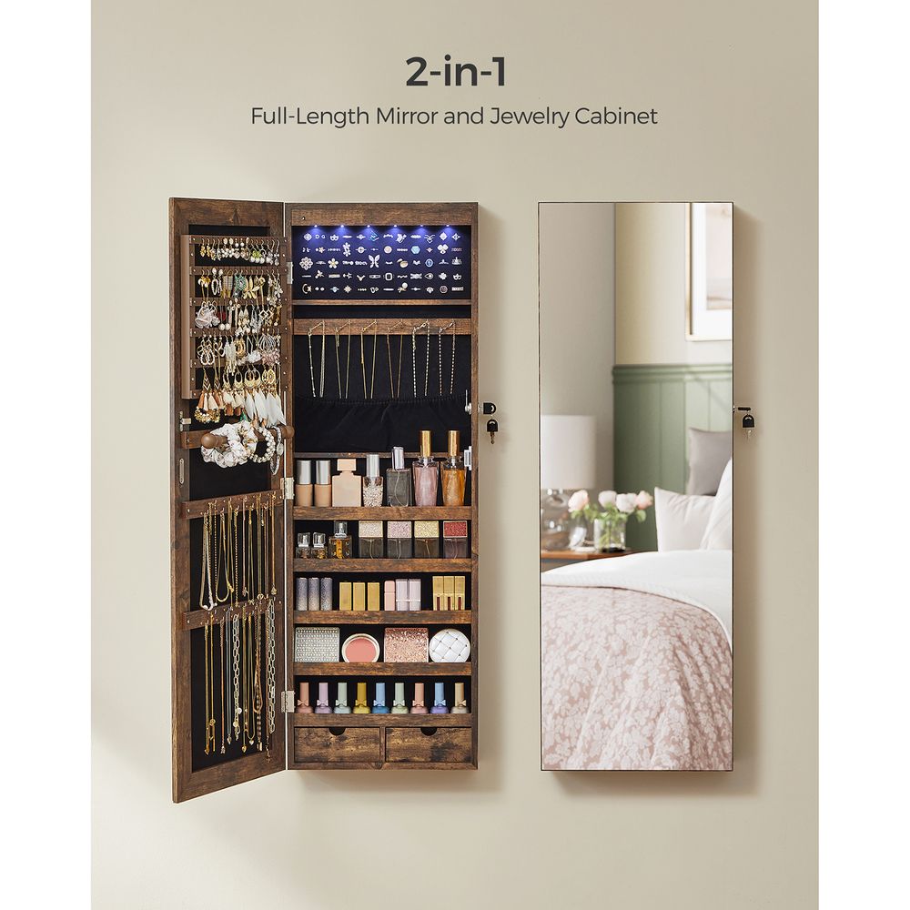 Wall-Mounted Jewelry Armoire | Full-Length Mirror With LED Storage