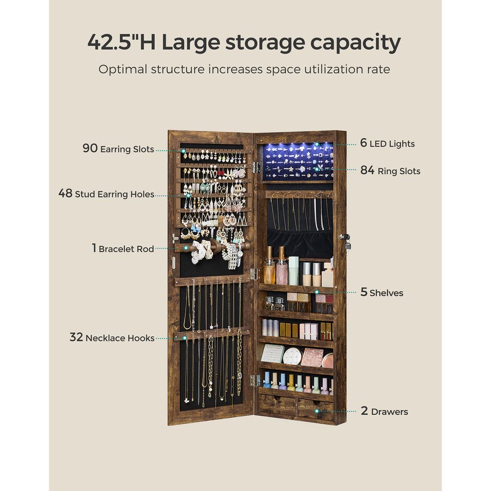 Wall-Mounted Jewelry Armoire | Full-Length Mirror With LED Storage