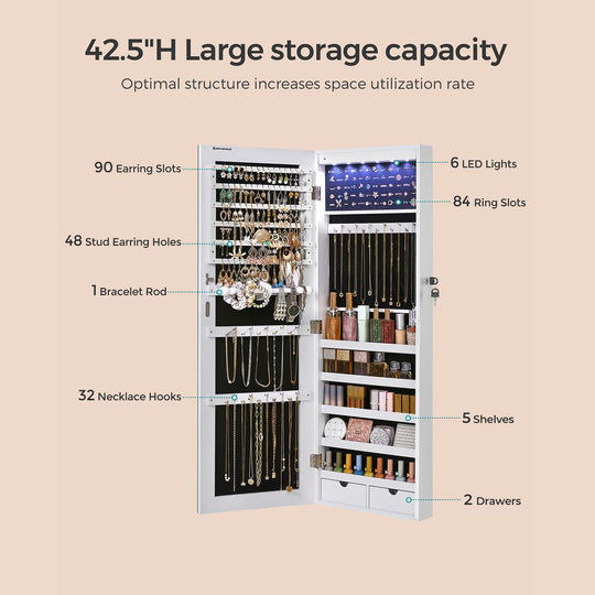 Wall-Mounted Jewelry Armoire | Full-Length Mirror With LED Storage