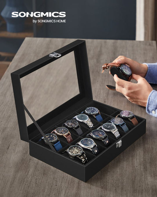 Watch Box Organizer | Glass Lid Display Case With Clasp