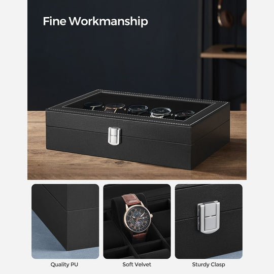 Watch Box Organizer | Glass Lid Display Case With Clasp