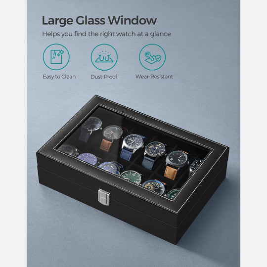 Watch Box Organizer | Glass Lid Display Case With Clasp