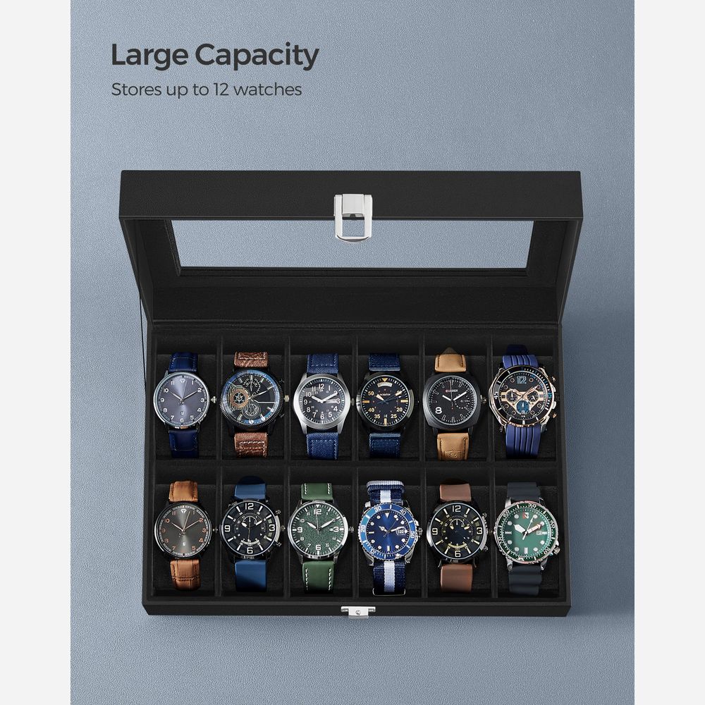 Watch Box Organizer | Glass Lid Display Case With Clasp