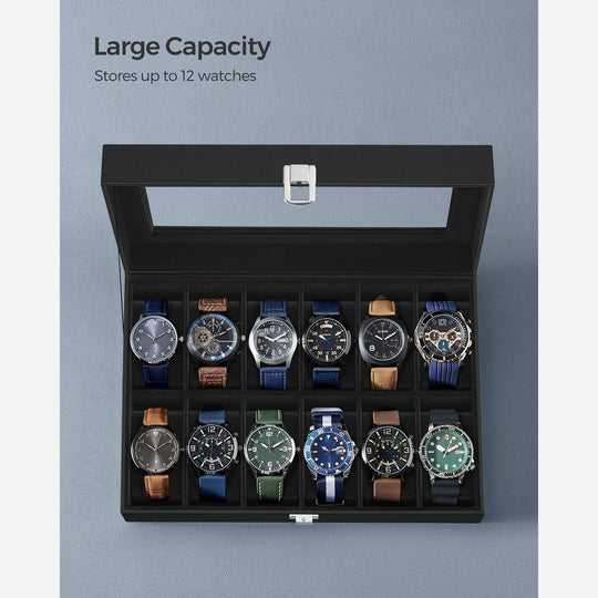 Watch Box Organizer | Glass Lid Display Case With Clasp