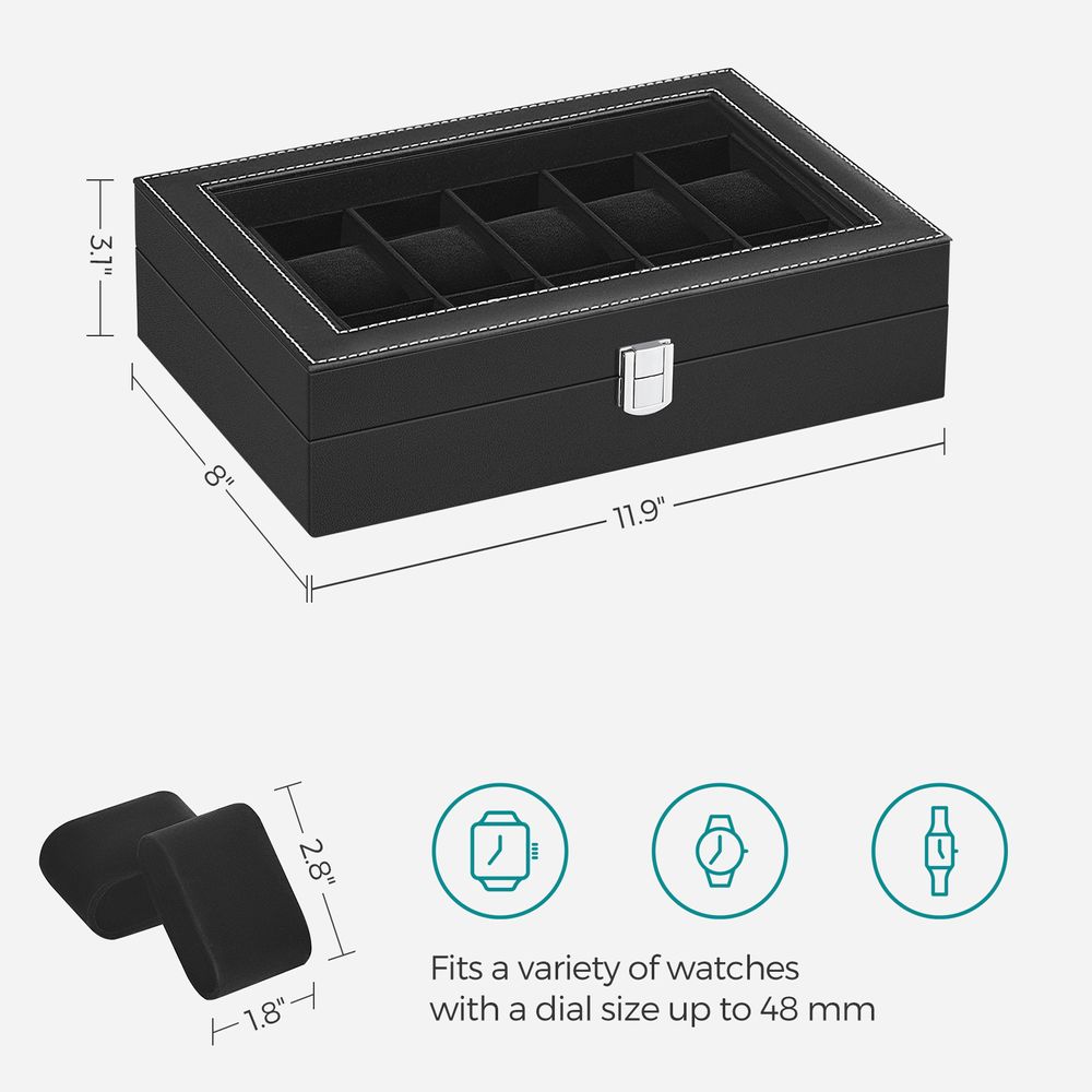 Watch Box Organizer | Glass Lid Display Case With Clasp