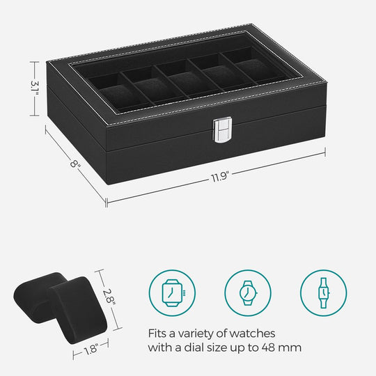 Watch Box Organizer | Glass Lid Display Case With Clasp