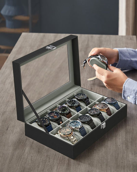 Watch Box Organizer | Glass Lid Display Case With Clasp