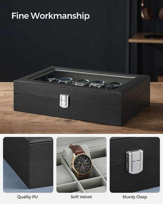 Watch Box Organizer | Glass Lid Display Case With Clasp