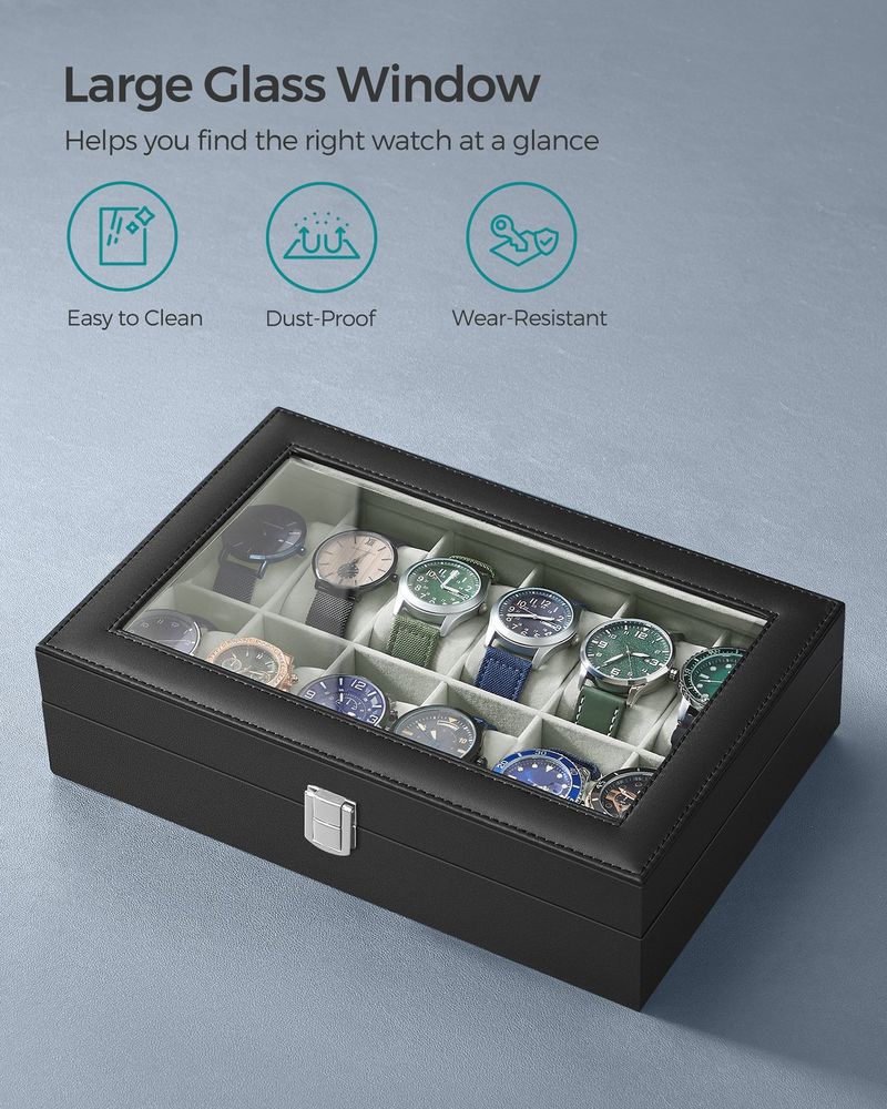 Watch Box Organizer | Glass Lid Display Case With Clasp