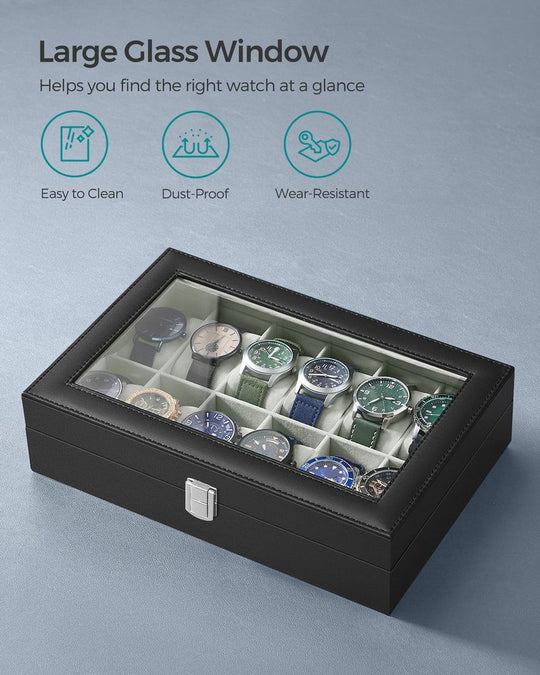 Watch Box Organizer | Glass Lid Display Case With Clasp