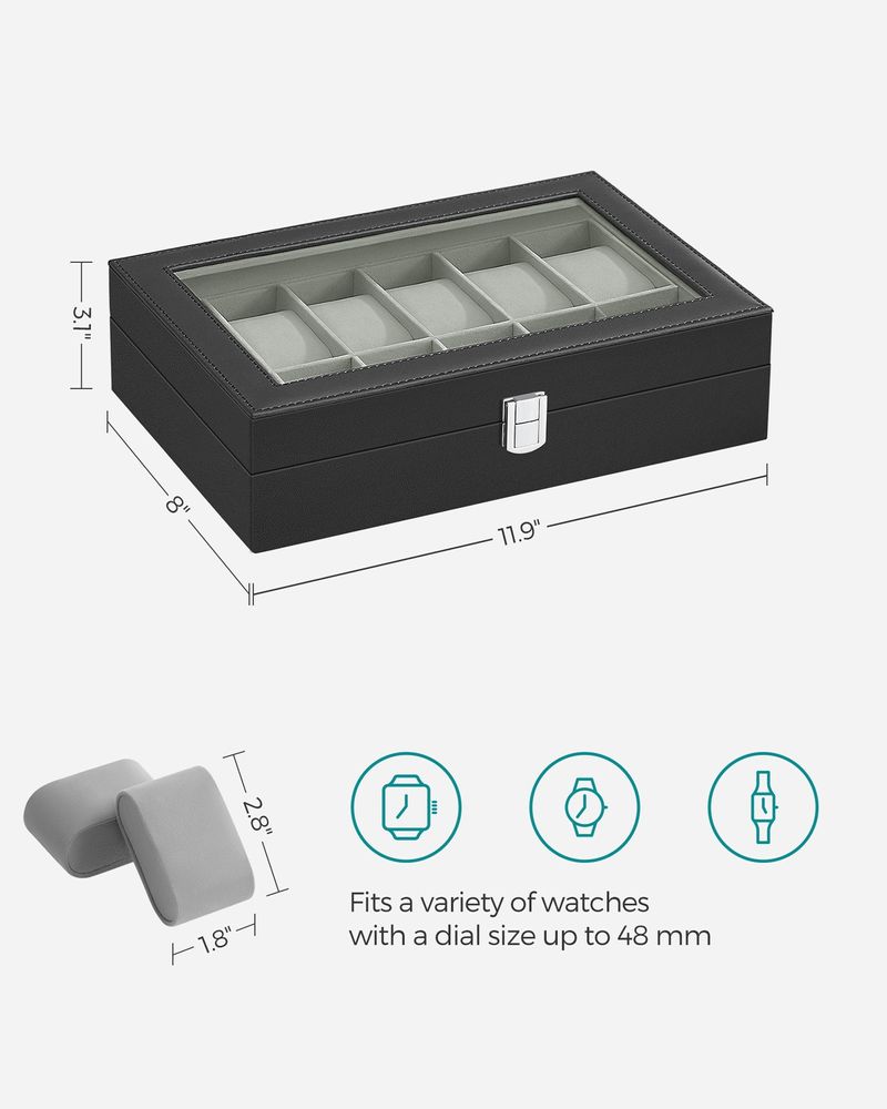 Watch Box Organizer | Glass Lid Display Case With Clasp