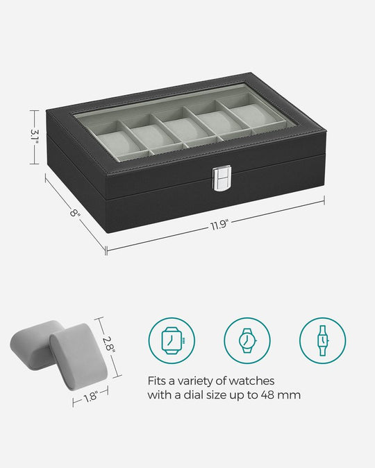 Watch Box Organizer | Glass Lid Display Case With Clasp