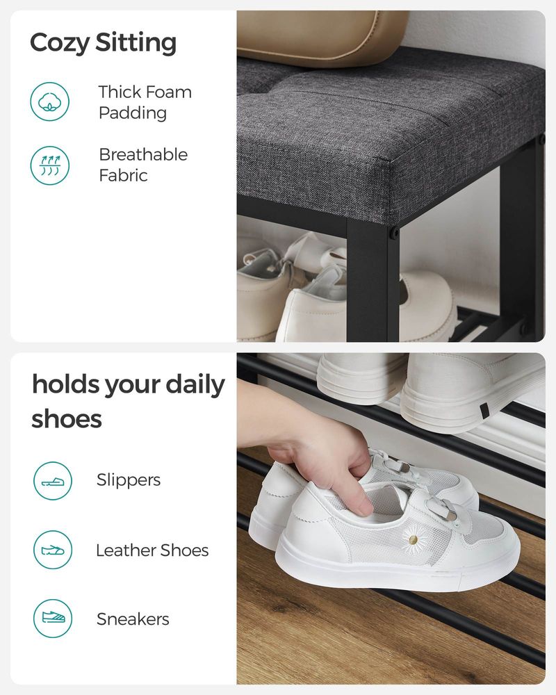 Cushioned Shoe Storage Bench | Entryway Seating With Shelves