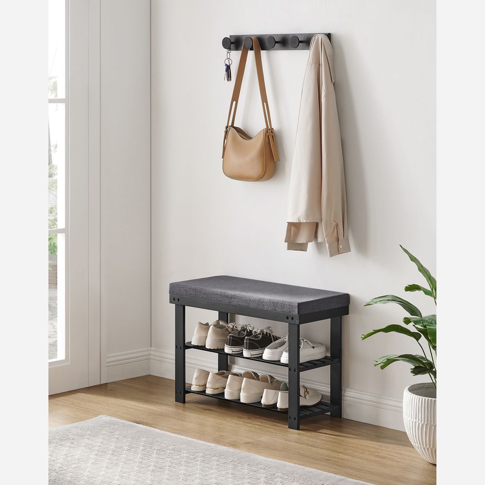 Bamboo Shoe Bench | Cushioned Seat With Two Storage Shelves